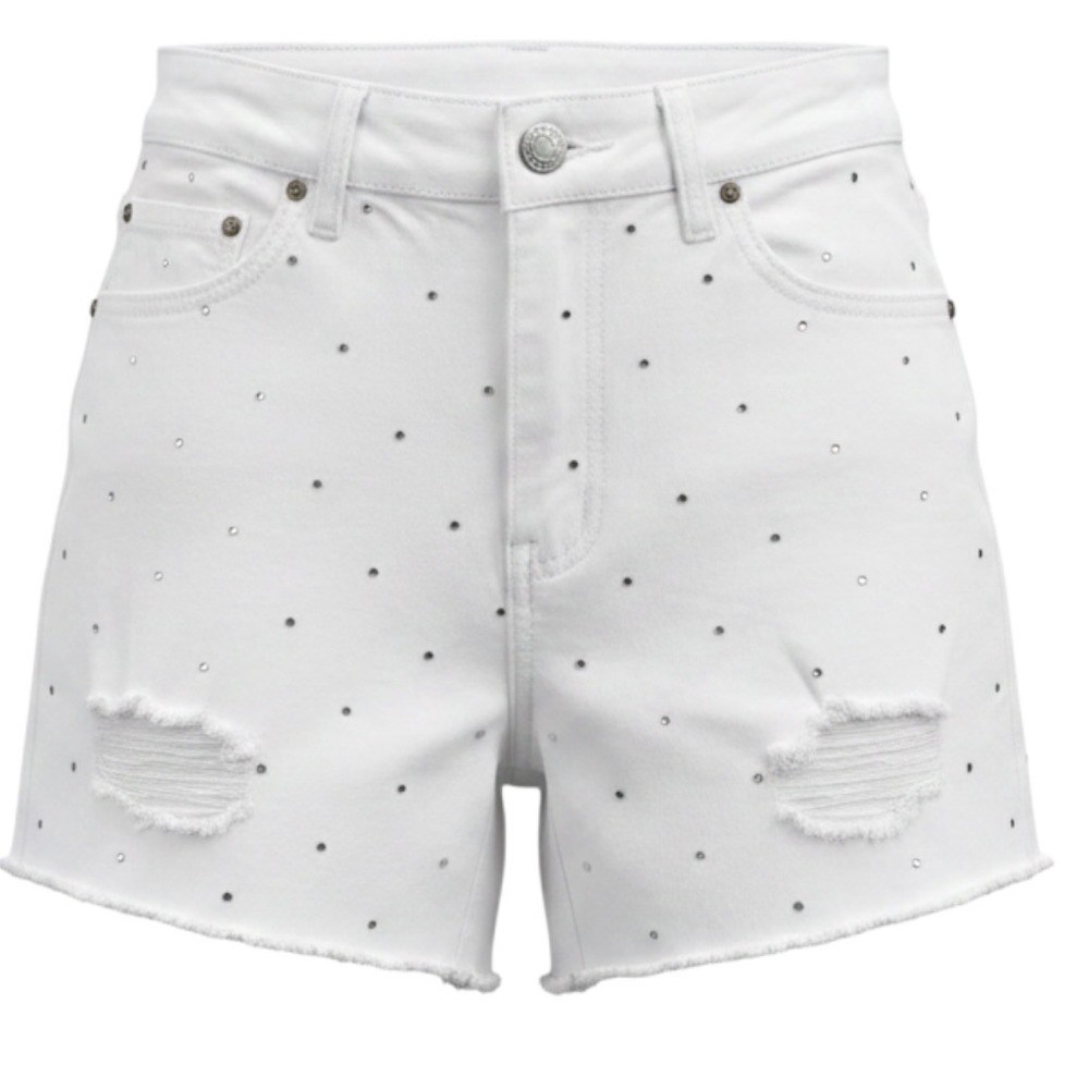 NWT Bebe White Rhinestone Distressed‎ Denim Shorts Size 10 Y2K Glam Festival